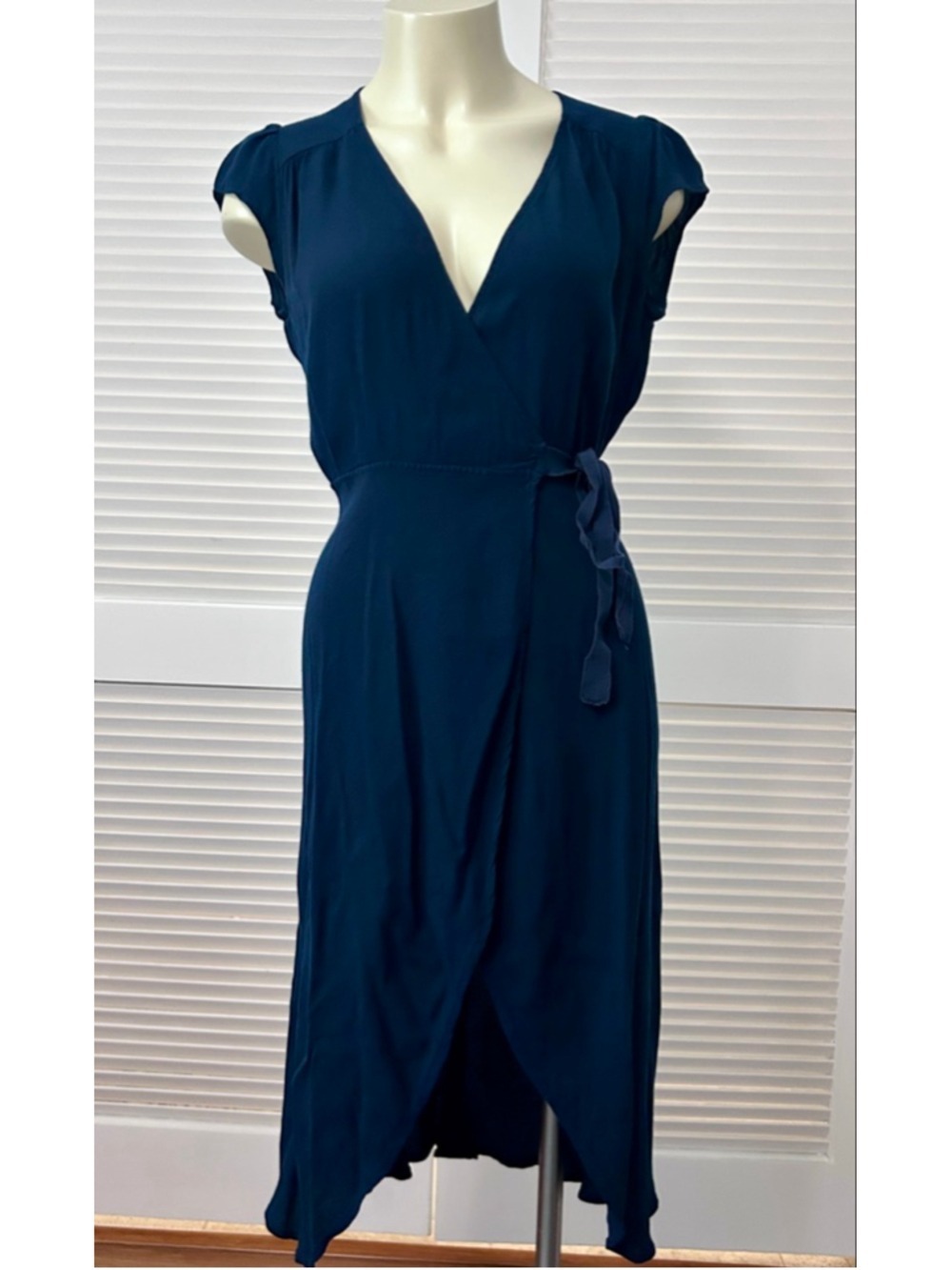 Reformation Chamomile Navy Blue Wrap Maxi Dress Size L V-Neck High Low - Picture 3 of 11
